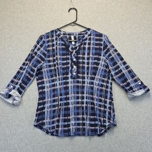 NY Collection Navy, Purple White Plaid Blouse